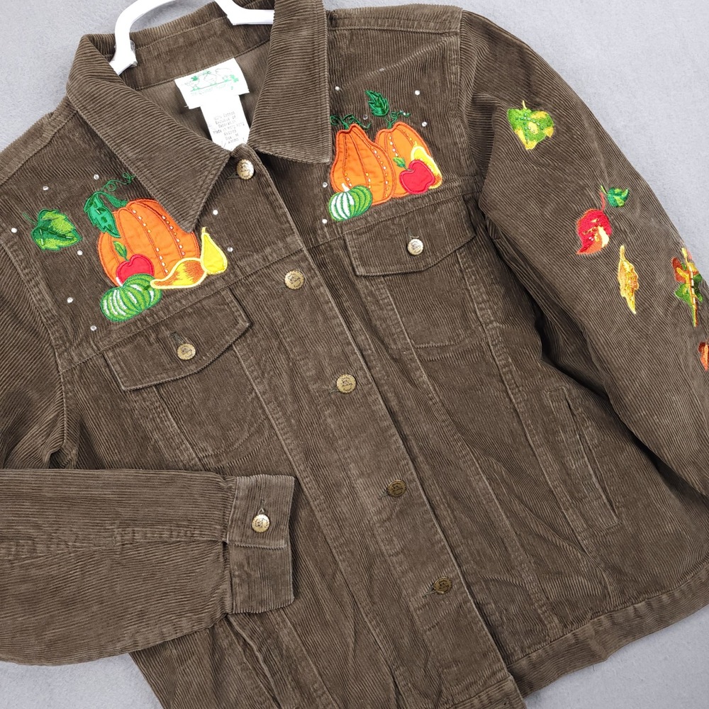 Quacker Factory Corduroy Jacket Womens M Brown Embroidered Fall Harvest Pumpkin